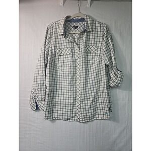 Talbots Plaid Button Up Shirt Women's Size 1X Metallic Cream Gray Roll Tab